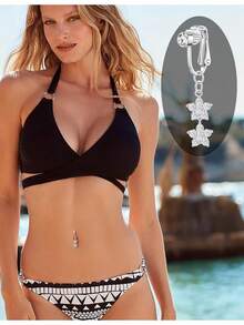 8件套波西米亚风夏季沙滩不锈钢夹式肚脐环套装，镶嵌闪亮立方氧化锆和蛇形吊坠，适合女性度假和派对佩戴 - 銀色 - 查看 6