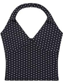 OMKAGI  Women's V-Neck Collarless Short-Sleeved Tank Top Y2K  Streetwear Style Top See-Through Top With Exposed Neckline - 黑白波點 - 查看 2