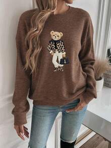 Camiseta casual y cálida de mujer con estampado de oso de lana sintética - Marrón - Ver 5