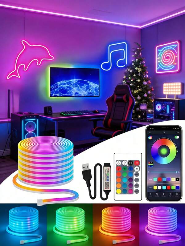 100FT DC24V RGB LED Neon Rope Lights With Remote/APP Control Waterproof Flexible Neon LED Strip Lights LED Neon Rope Lights For Bedroom Room Decor, 24-Key Remote Control And APP Control,For Home Decoration, And Flexible Strip For Snowy Scenes