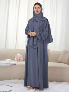 1pc Soft Dress With Attached Hijab, Floral Sleeve Design, Classic Versatile Abaya Spring - Multicolor - View 62