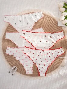 5条装 女士印花蝴蝶结荷叶边舒适比基尼内裤 - 白色 - 查看 2