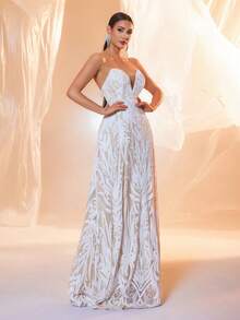 LOVE&LEMONADE Sexy V-Neck Halter Mesh Sequin Backless Criss-Cross Tie Long Party Evening Dress (Front Top Half, Back Random Floral Pattern, Not Matched) Spring Wedding - Apricot - View 2