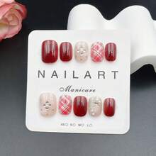 10片手工美甲贴纸，酒红色短椭圆形，时尚花香风格，法式美甲贴纸，美甲贴花，新年美甲，情人节美甲，UV凝胶美甲，夏季美甲，可佩戴美甲，优雅别致设计，高端法式风格，凝胶指甲油，闪粉，猫眼效果，金属光泽 - 酒紅色 - 查看 13