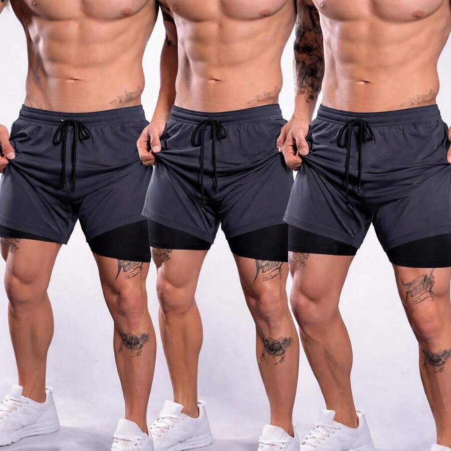 Kit Of 3 Men's Compression Fitness Shorts, Dry Fit, For Gym, Training, Running, CrossFit, Soccer - 3 Lead - View 1