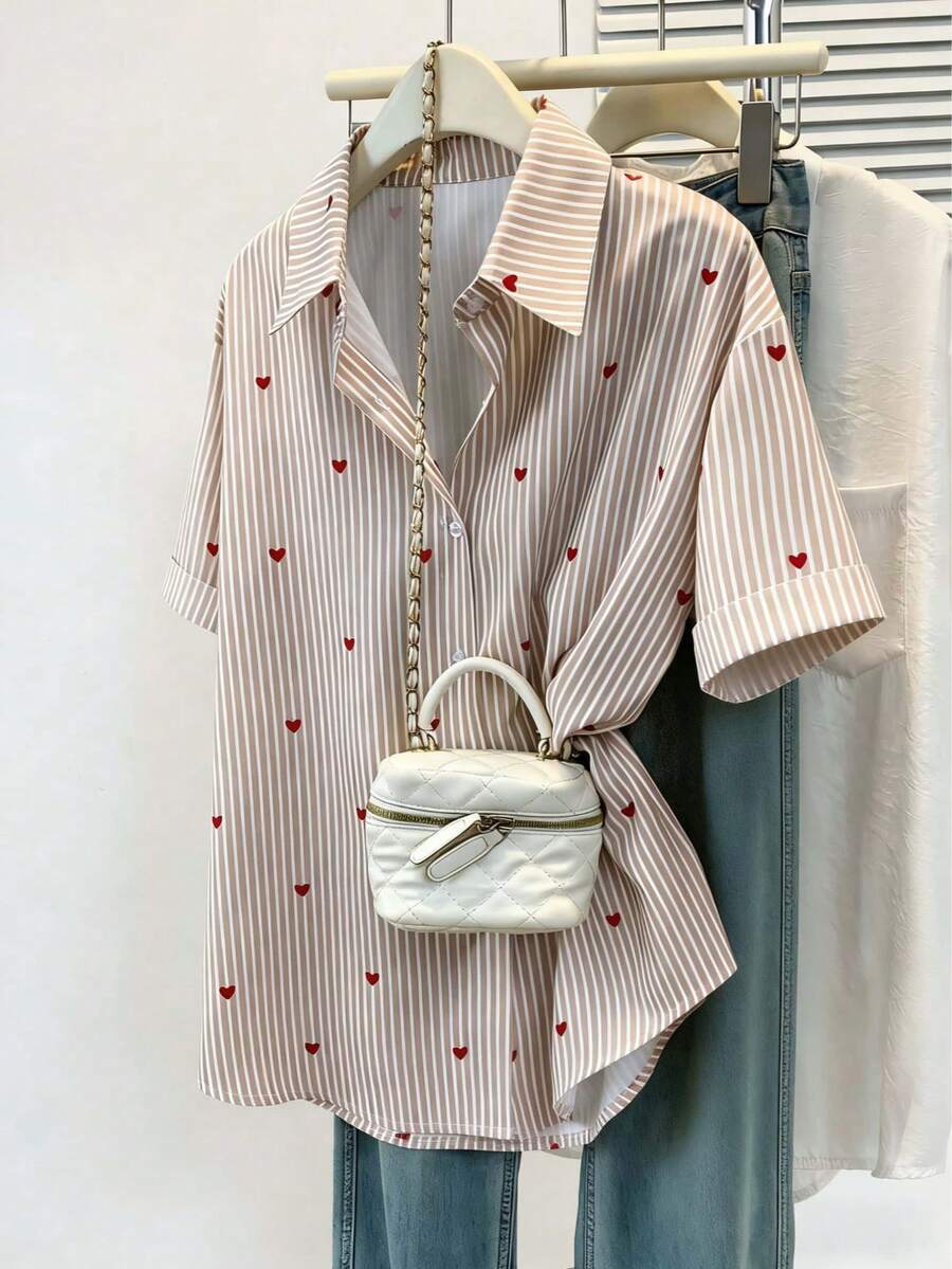 Women's Short Sleeve Striped Shirt With Heart Print Pointed Collar - Casual Elegant Office Commute Daily Wear, Spring/Summer - Brown Short-sleeved Shirt - View 1