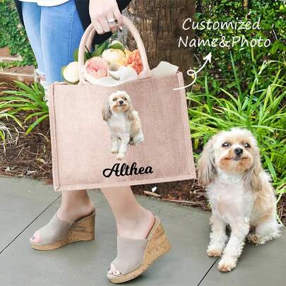 Personalized Pet Photo Tote Bag, Printed Cat/Dog Photo Tote Bag, Custom Pet Bag, Cat Tote Bag, Mom Tote Bag, Pet Owner Gift, Multi-Purpose, Large Capacity, Multi-Functional, Colorful, Cute, Adorable, Minimalist, Fun, Kawaii, Y2K, Minimalism, Commute, Business Casual, Basic, Customized, Personalized, Unique, Custom-Made, Ideal Gift For Them