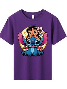 Disney Lilo And Stitch Printed Pattern T-Shirts For Girls - Children's Clothing Design Short-Sleeved Casual And Cute Style Comfortable And Casual Wear All Year Round Suitable For Parties And Play Machine Washable Gift Children's Clothing Girls' Short-Sleeved Shirts - Màu tím - Xem 2
