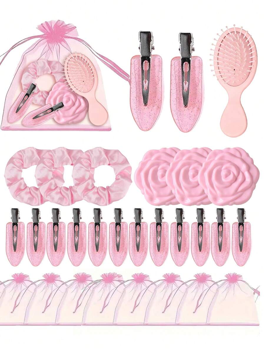 18/6件套玫瑰花镜礼盒，玫瑰花形镜子，缎面粉色发圈配欧根纱蝴蝶结发夹和气垫梳，婚礼派对礼物，粉色派对回礼，母亲节惊喜礼物，玫瑰金双面化妆镜，适合作为婚礼回礼、母亲节宾客礼物、伴娘伴郎礼物、婚礼回礼、生日派对礼物 - 多色 - 查看 1