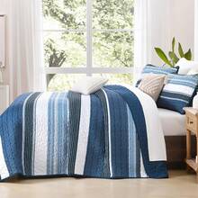 3 Pieces Boho Quilted Bedspread Set Blue Quilt Queen King Size, Bohemian Stripe Quilt Sets  Lightweight Microfiber Coverlet Bedding Set Suitable For Wedding Items, Valentines Day Home Bed Room Decor, Mothers Day Gift, All Season - 藍色2 - 查看 3