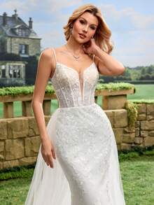 Plant Embroidery Mesh Fishtail Hem Backless Strap Wedding Dress - White - View 12