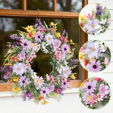1Pc Artificial Daisy Wreath For Front Door Green Leaf Wreath Spring Summer All Seasons Wreaths For Home Wall Wedding Festival Farmhouse Porch - Multicolor - View 9