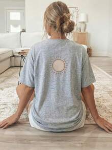 [Double-Sided Print] Women's Spring/Summer Loose Casual Clothing, Short Sleeve T-Shirt With Round Neck And Sun And Wave Print - 灰色 - 查看 3