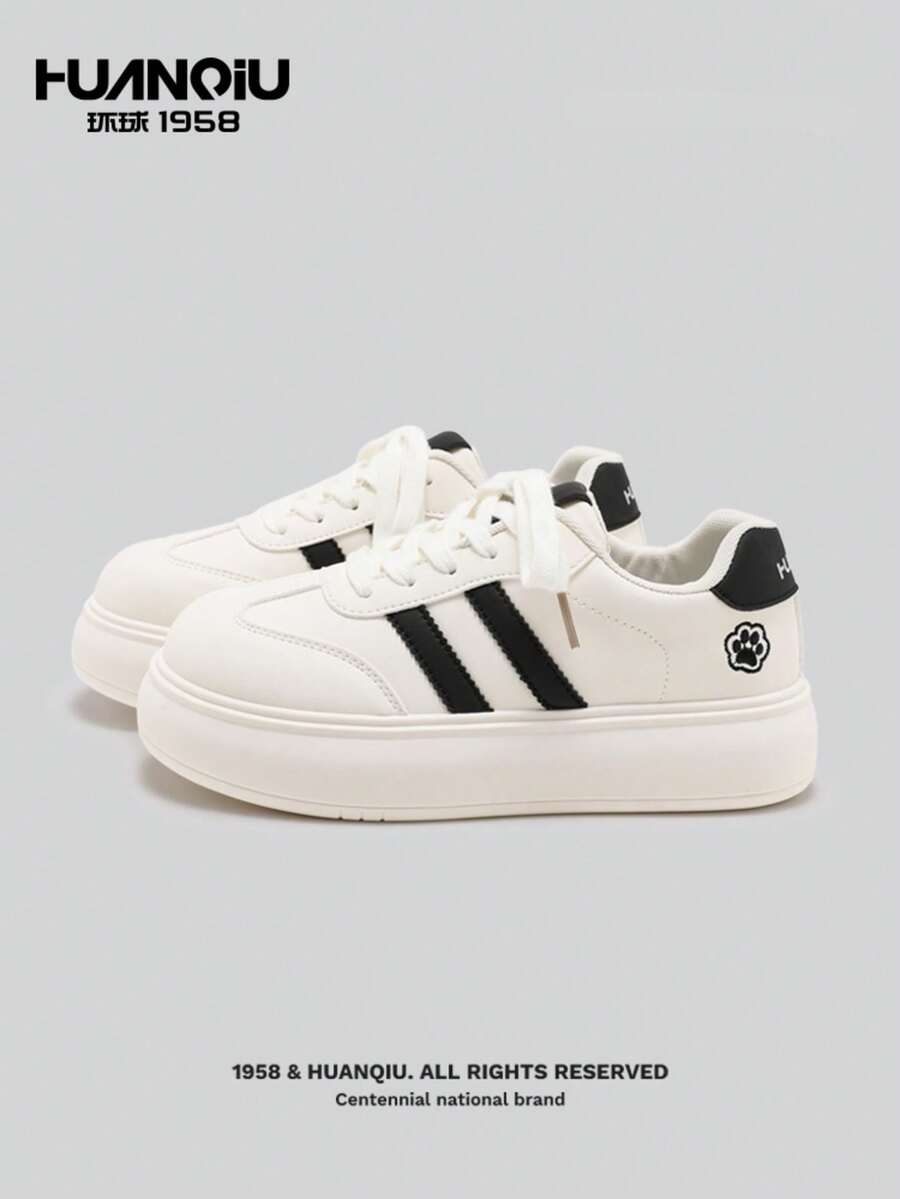 HUANQIU 女士厚底休闲运动鞋，学生滑板鞋，透气轻便舒适鞋 - 黑與白 - 查看 1