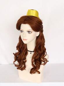 Vintage Royal Brown Long Curly Wig With Satin Bun, Natural Scalp High Temperature Fiber Wig For Cosplay, Masquerade Party & Stage Performance Full Head Wig - Brown - View 5