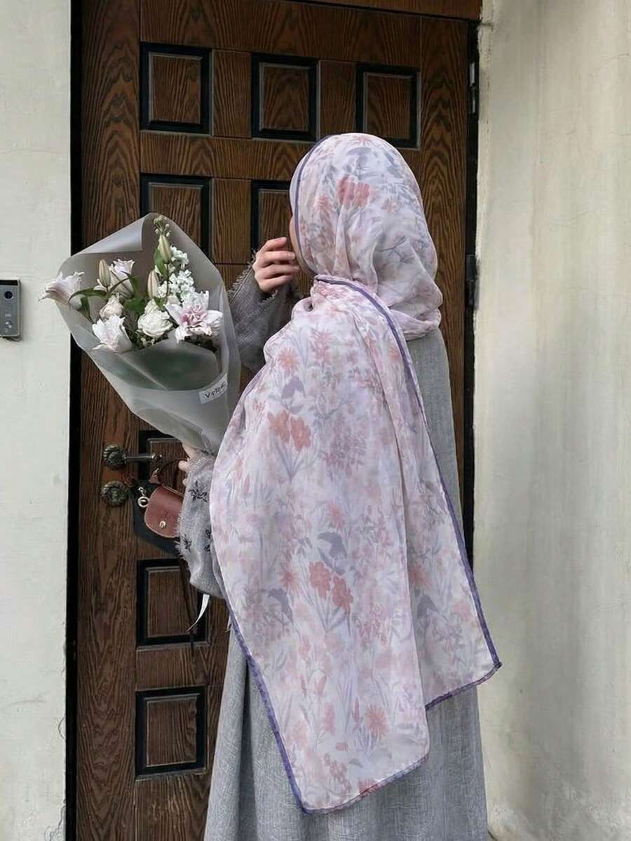 1条女士印花头巾，柔软薄纱面料，时尚百搭，粉紫双色设计，轻盈透气，防晒防风，适合所有季节及日常佩戴。 - 多色-F - 查看 1