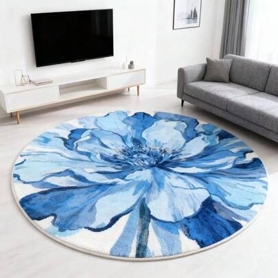 1pc Blue Printed Round Rug, Carpet, Room Decor Rug, Home Decor Rug, Sofa Seat Rug, Bedroom Decor, Small Rug, Modern Creative Fashion Rug, Living Room Rug, Living Room Small Rug, Bedroom Rug, Outdoor Rug, Washable Rug, Gift For Boys And Girls, Thanksgiving Rug, Soft And Machine Washable, Suitable For Living Room, Office, Cafe And Balcony Decor
