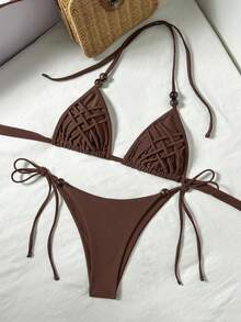 Bikinx Conjunto de bikini de mujer con tirantes de espagueti cruzados y sexy, con Bottom de bañador con lazos laterales, de tela de alta elasticidad - Óxido marrón - Ver 8