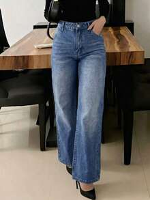 中腰宽松版型做旧大口袋喇叭裤，饰有猫须图案，日常休闲穿着 - 藍色 - 查看 5