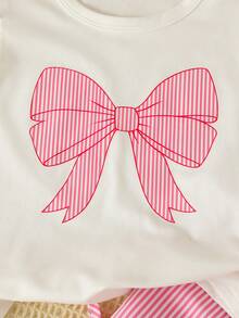 Set de 2 piezas Conjunto de primavera/verano para niñas pequeñas, Camiseta de seda de leche con estampado de moño + Pantalones de algodón fresco con estampado a rayas, Lindo y dulce - Rosa - Ver 4