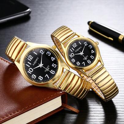 XAPWV 1 Pair Gold Couple Quartz Watches, Elastic Strap, Large Numerals, Fashion Minimalist Casual Wristwatches For Men And Women