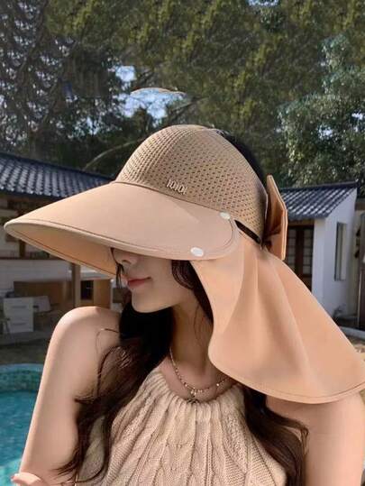 1pc Women's Solid Color Letter Decor Sun Hat, Fashionable Versatile Minimalist Foldable Sun Protection Hat, Suitable For Outdoor Activities And Daily Wear