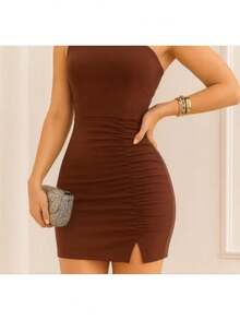 Women's Short Bodycon Dress With One-Shoulder Neckline And Pleated Tank Top - 鏽棕色 - 查看 1