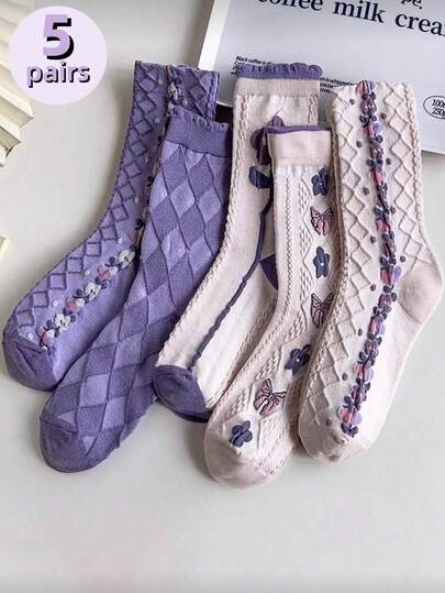5 Pairs Vintage Japanese Floral Pattern Mid-Calf Socks, Purple & Sweet Potato Color, Suitable For Women/Female Students In Spring, Autumn & Winter, Also Can Be Christmas Gift