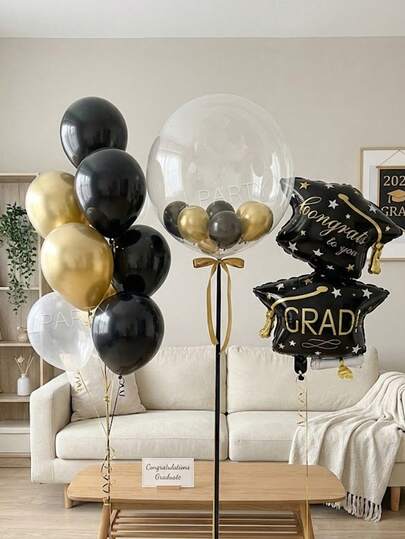18pcs/Set Graduation Party Decoration Balloon Set, Oversized Black Double-Layer Graduation Cap Shaped Foil Balloon, 18" Clear Bubble Balloons, 10" Black/Gold/Clear Latex Balloons, Suitable For 2026 Graduation Party Balloon Arch Decor Props, 2026 Grad Decorations