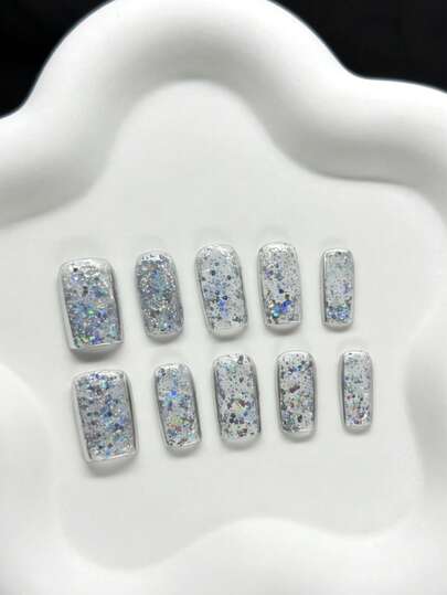 10pcs Square Nails Handmade Nail Tips Y2K Baddie Style, Powder Nude & Sliver Color For Party And Musical Festival, Suitable For Women & Girls, Includes Tools, Great Gift For Laddies Nails,Summer Nails Handmade Press On Nails