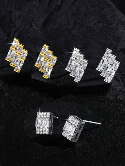 1 par eleganta minimalistiska geometriska örhängen med kubisk zirkonia, hiphop chica fyrkantiga örhängen med helzirkoniadesign, guld- och silvertoning, unisex, lämpliga för fest och vardagsbruk