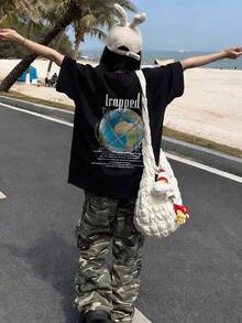 2026夏季新款女式圆领休闲宽松地球日英文印花双面图案街头百搭短袖T恤，1件装 - 黑色 - 查看 1