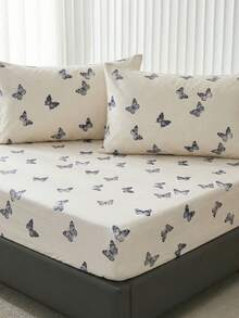 Juego de ropa de cama de 3 piezas con estampado de mariposas azules 100% algodón, estilo campestre americano, adecuado para dormitorio y habitación, regalo perfecto para ocasiones especiales, suave y amigable con la piel para todas las estaciones, incluye 1 sábana ajustable + 2 fundas de almohada, sin edredón incluido - Multicolor - Ver 11