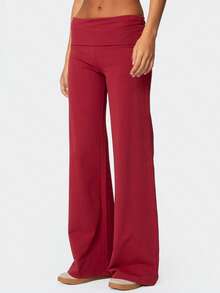 Fold Over Yoga Pants For Women Elastic Waist Low Rise Straight Leg Sweatpants Y2k Solid Color Stretchy Loose Gym Lounge Leggings Back To School Clothes For Teen Girls - 紅色 - 查看 2
