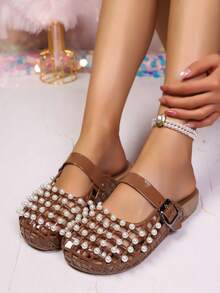 Women's Fashionable Versatile Pearl Hollow Out Sandals - Brown - View 1