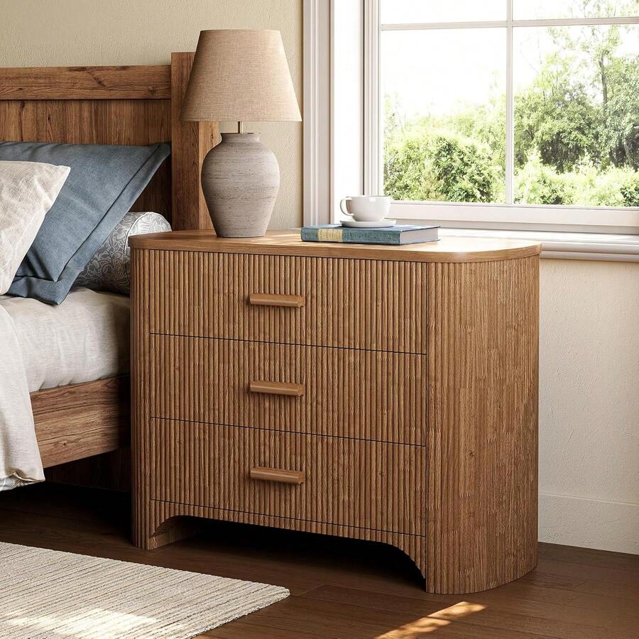 LITTLE TREE Mid Century Modern Large Wide Nightstand With 3 Drawers, Oversized Bedside Table With Fluted Panel, Deep Brown