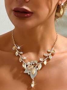 3pcs/Set Women's Leaf Crystal Necklace And Earring Set, Elegant And Luxurious, Suitable For Daily Use, Dinners, Weddings And Brides, Birthday Parties - Earrings + Necklace - View 3