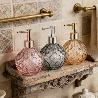 300ml Empty Refillable Pump Bottle Diamond-Texture Hand Soap Bottle Glass Soap Dispenser Bathroom Shampoo Body Wash Bottle