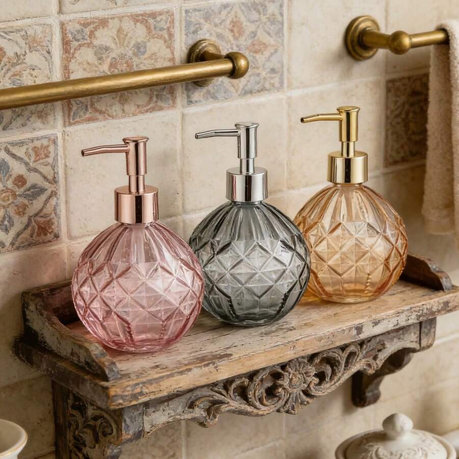 300ml Empty Refillable Pump Bottle Diamond-Texture Hand Soap Bottle Glass Soap Dispenser Bathroom Shampoo Body Wash Bottle - View 1