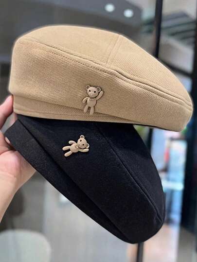 Classic British Retro Cute Bear Decor Women's Beret Hat, Fashionable Elegant Versatile Face-Slimming Artist Cap, Suitable For Spring, Autumn And Winter Daily Outings, Photography, Vacation, Street Style, Essential For INS Style