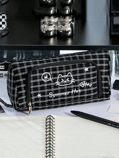 1 PC Large Capacity Plaid Cat Embroidered Pencil Case| Multi-Functional Polyester Stationery Bag, Travel And Cosmetic Organizer, Ideal For Office And School Supplies