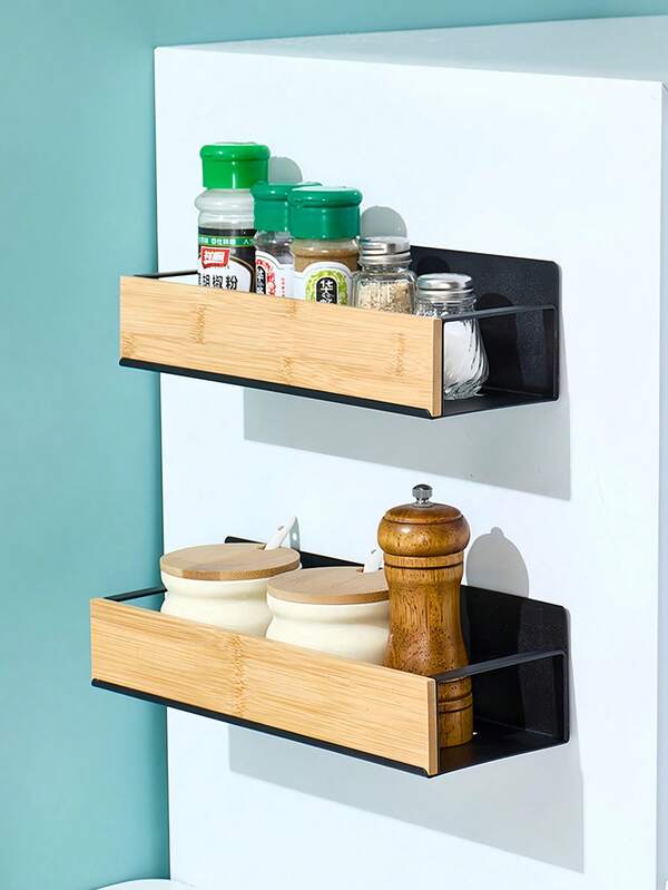 Stainless Steel & Wood Magnetic Storage Rack, Strong Magnetic Spice Rack, Multifunctional Movable Fridge Spice Bottle Storage Rack For Kitchen, Bathroom, Bedroom, Hallway, Space-Saving, Christmas & New Year Home Organization Gift, Practical Storage Shelf, Indoor Decor, Kitchen Essentials, Bathroom Decor, Bathroom Accessories, Kitchen