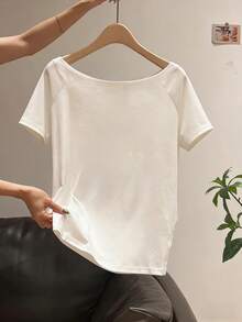 Women's Off-Shoulder White Short Sleeve T-Shirt, High Elasticity Regular Polyester Casual/Office Wear Top - White - View 10