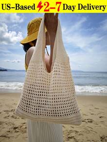 2026 Back To School Season, Plus Size Women Handbag, Women Knitted Shoulder Bag, Vintage Hollow Out Woven Large Capacity Floral Decor Tote Bag, Crochet Bag, Women Crochet Bag, Summer Beach Tote Bag , Beach Bag[US-Based Shipping]Spring Outfit Ideas, Valentine's Day Gifts, Gifts For Women, Gifts For Girls. - 杏色 - 查看 1