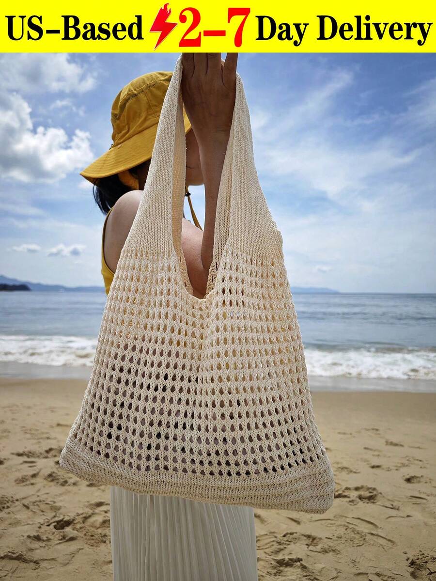 2026 Back To School Season, Plus Size Women Handbag, Women Knitted Shoulder Bag, Vintage Hollow Out Woven Large Capacity Floral Decor Tote Bag, Crochet Bag, Women Crochet Bag, Summer Beach Tote Bag , Beach Bag[US-Based Shipping]Spring Outfit Ideas, Valentine's Day Gifts, Gifts For Women, Gifts For Girls. - 杏色 - 查看 1