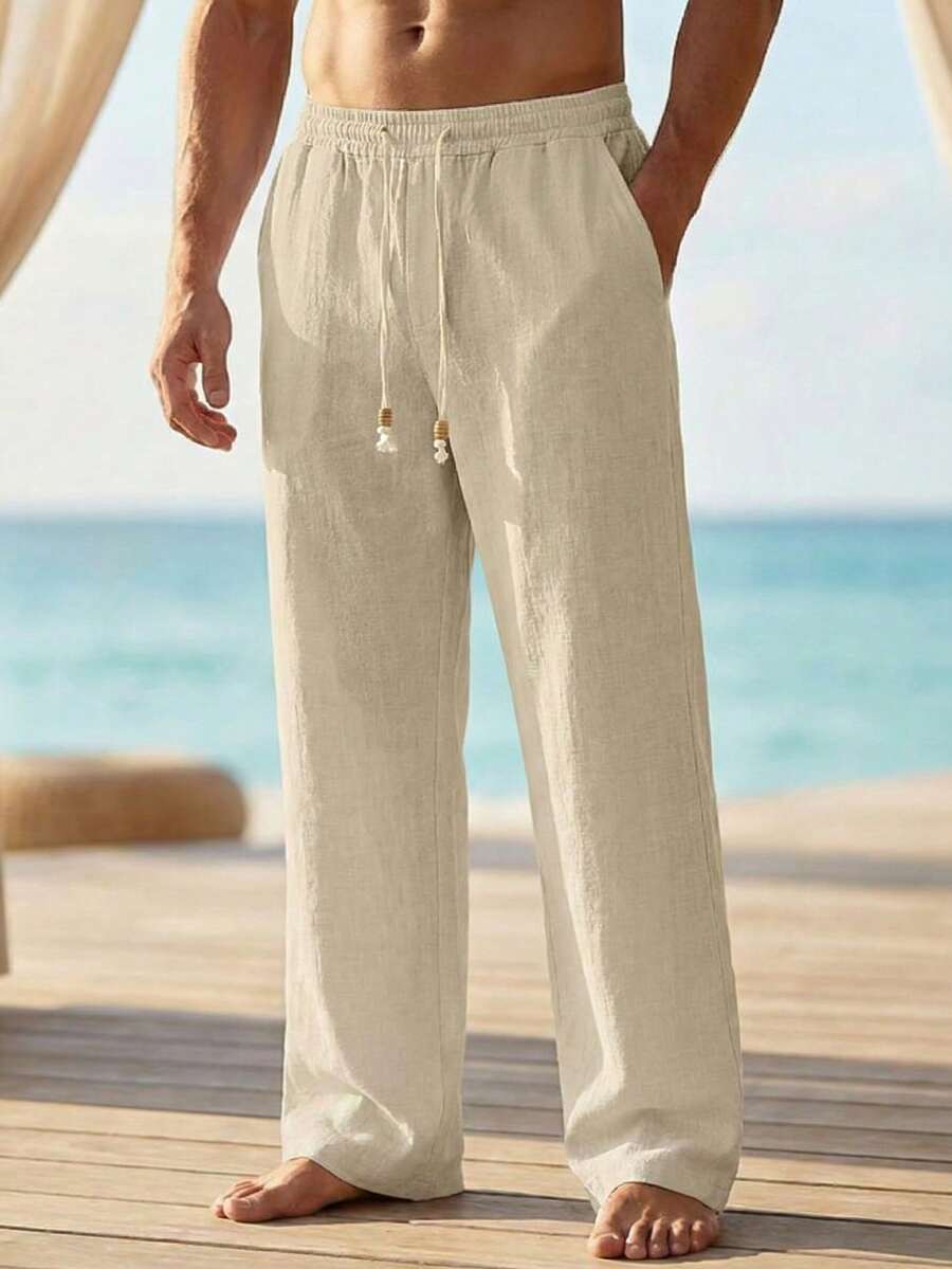 男士杏色亚麻质感抽绳直筒裤，柔软透气面料，适合休闲、度假、夏季及日常通勤，复古绅士风格 - 杏色 - 查看 1