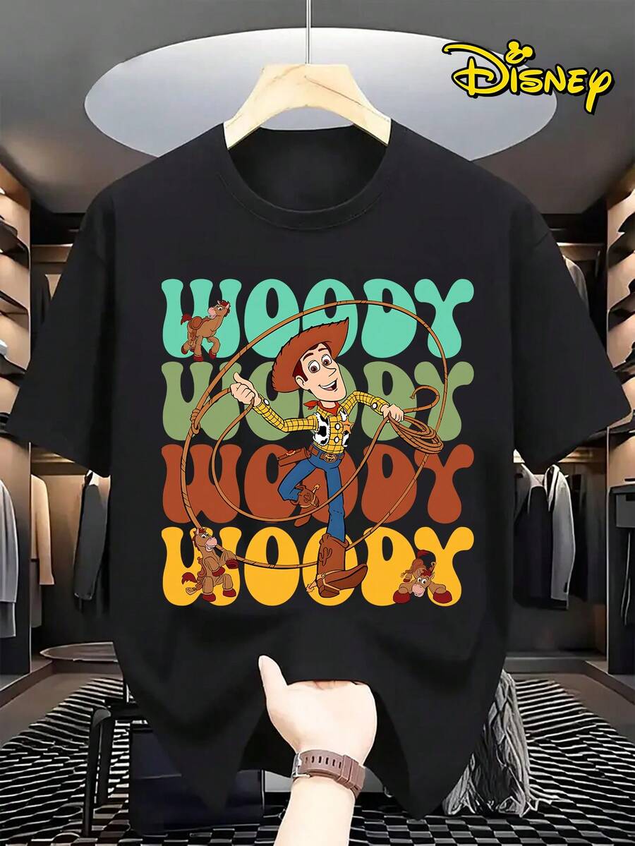 Disney Authorized, Ladies' Casual Fashion-Disney Toy Story Woody Printed T-Shirt, Round Neck Comfortable Cotton Fabric, Fashionable Street Clothes Suitable For Everyday Wear, Women's Wear. - Noir - Voir 1