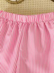 Set de 2 piezas Conjunto de primavera/verano para niñas pequeñas, Camiseta de seda de leche con estampado de moño + Pantalones de algodón fresco con estampado a rayas, Lindo y dulce - Rosa - Ver 5