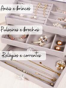 Velvet Jewelry Box With Acrylic, 3 Layers, Drawers, Dividers, Three-Tier Jewelry Box - Beige/Gray - View 4