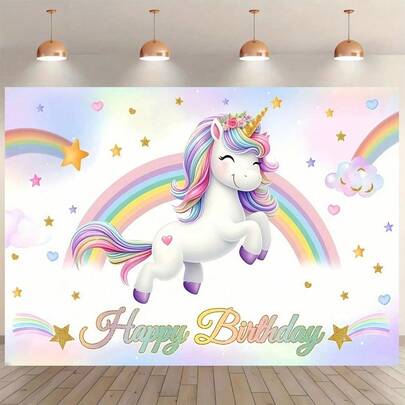 1件彩虹独角兽生日快乐横幅背景，粉色生日背景，派对横幅，彩虹独角兽生日派对装饰，生日快乐派对拍照背景，独角兽生日拍照背景，摄影道具，无需电源，适合室内外使用，高品质印刷，活动装饰